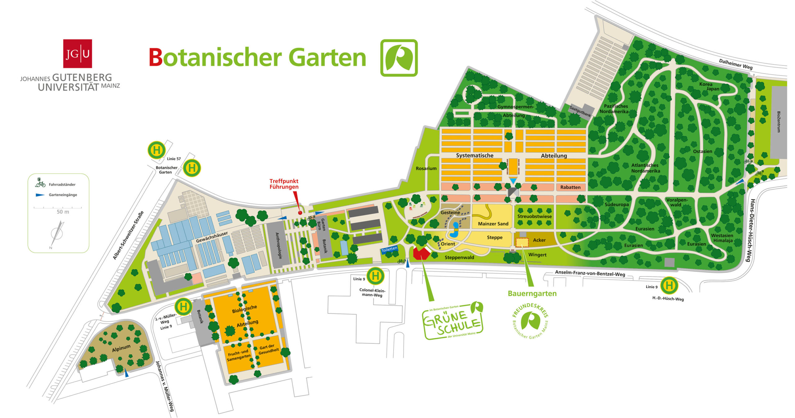 Lageplan des Botanischen Gartens der Johannes-Gutenberg-Universität Mainz